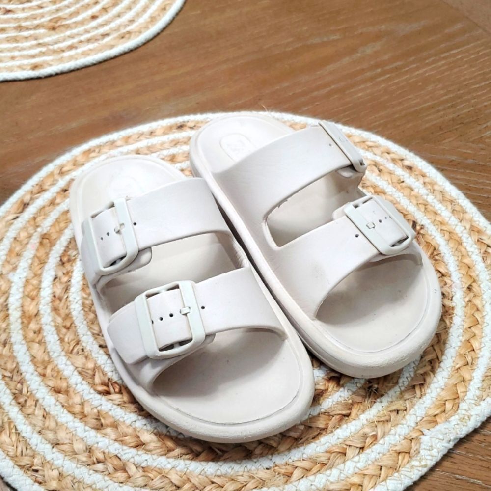 Zara Rubberized Double Buckled Cream Slide Sandals , Size 38